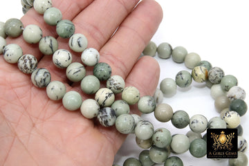 Natural Dendritic Jasper Beads, Smooth Round Gray to Sage and Black Stone Beads BS #193
